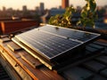 Modern solar panel on th roof with plants at morning, Solar panel on red roof reflecting sun and cloudless blue sky. Ai generative Royalty Free Stock Photo