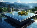 Modern solar panel on th roof with plants at morning, Solar panel on red roof reflecting sun and cloudless blue sky. Ai generative Royalty Free Stock Photo