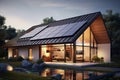 modern solar-paneled house sits peacefully beside a serene pond. Generative AI Royalty Free Stock Photo