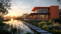modern solar powered data center surrounded by nature, featuring eco friendly architecture and serene waterway. sunset creates Royalty Free Stock Photo