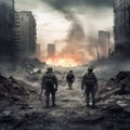 Modern soldiers on a battlefield with a devastated city created with Generative AI