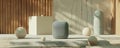 Modern Sonos One speaker in a minimalist setting surrounded by spherical decor elements Royalty Free Stock Photo