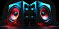 Modern sound speakers in neon light as background, closeup Royalty Free Stock Photo