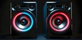 Modern sound speakers in neon light as background, closeup Royalty Free Stock Photo