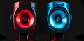 Modern sound speakers in neon light as background, closeup Royalty Free Stock Photo