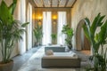Modern spa interior featuring lounge beds and tropical plants Royalty Free Stock Photo