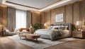 Modern, spacious bedroom highlighted by elegant upholstery and tasteful