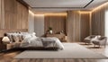 Modern, spacious bedroom highlighted by elegant upholstery and tasteful wood