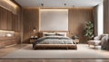 Modern, spacious bedroom highlighted by elegant upholstery and tasteful wood