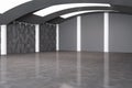 Modern spacious concrete hangar interior with clean mock up place on wall. Space and design concept. 3D Rendering Royalty Free Stock Photo