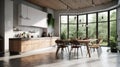 Modern spacious bright kitchen with dining area, table and chairs. Minimalistic design, free space, large panoramic Royalty Free Stock Photo