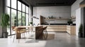 Modern spacious bright kitchen with dining area, table and chairs. Minimalistic design, free space, large panoramic Royalty Free Stock Photo