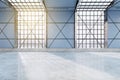 Modern spacious concrete empty hangar interior with sunlight, city view and window frames. Factory and industrial concept. 3D