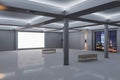 Modern spacious concrete exhibition interior with empty white mock up frame on wall, windows and night city view. Gallery concept Royalty Free Stock Photo