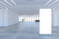 Modern spacious concrete and glass office interior with blank white mock up banner, furniture and panoramic windows with city view Royalty Free Stock Photo