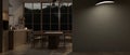 A modern spacious dark kitchen at night with an empty wall mockup