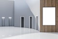 Modern spacious gallery interior with blank white mock up frame, reflections and wooden details. Showroom and design concept. 3D