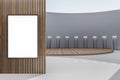 Modern spacious gallery interior with clean white mock up frame, reflections and wooden details. Showroom and design concept. 3D