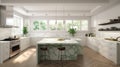 Modern spacious kitchen American European classic. A trendy combination of white and pistachio colors, white marble