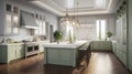 Modern spacious kitchen American European classic. A trendy combination of white and pistachio colors, white marble