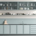 Modern spacious kitchen design with light blue colours. Minimalist kitchen design. 3D illustration Royalty Free Stock Photo