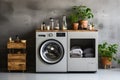 Modern and Spacious Laundry Room Interior with Washing Machine, Shelves, and Laundry Supplies