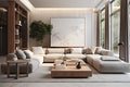 Modern spacious living room in light colors with sofa