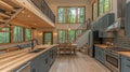 Modern, spacious, open-concept cabin kitchen and living area with panoramic views Royalty Free Stock Photo