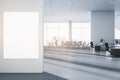 Modern spacious white meeting room interior with empty mock up banner on wall, furniture and window with city view. 3D Rendering Royalty Free Stock Photo