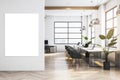 Modern spacious wooden and concrete coworking office interior with empty white mock up banner on wall, panoramic windows and city Royalty Free Stock Photo