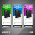 Modern Special Offer Web Banner Set Vector Colored: Green, Blue, Violet, Purple. Website Showing Product Box. Royalty Free Stock Photo