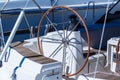 A modern speed boat yacht steering wheels. Background.