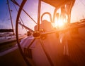 A modern speed boat yacht steering wheels. Royalty Free Stock Photo