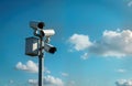Modern speed control tech system. Automated traffic monitoring system with multiple cameras. System detects traffic speed.