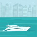 Modern speed yacht with in ocean, sea on city lanscape background. Summer vacation seaside concept. Vector stock