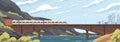 Modern speedy train on railway at old brick bridge over sea vector graphic illustration. Fast electric transport moving