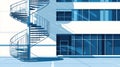 Modern Spiral Staircase Outside Office Building with Blue Glass Facade Royalty Free Stock Photo
