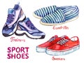 Modern sport shoes collection: blue trainers, striped espadrilles and red sneakers