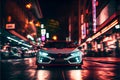 Modern Sports car on a wet street road speeding racing fast Royalty Free Stock Photo