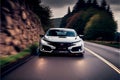 Modern Sports car on a wet street road speeding racing fast Royalty Free Stock Photo