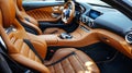 Modern sports car interior featuring leather seating and advanced touchscreen dashboard. Fusion of luxury and high Royalty Free Stock Photo