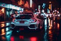 Modern Sports car at night on an old cobbled wet street