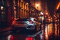 Modern Sports car at night on an old cobbled wet street