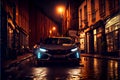 Modern Sports car at night on an old cobbled wet street