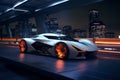 Modern sports car speeding through bridge at night. Generative AI