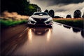 Modern Sports car on a wet street road speeding racing fast Royalty Free Stock Photo