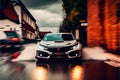 Modern Sports car on a wet street road speeding racing fast