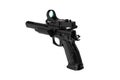 Modern sports pistol with a collimator sight. Gun isolate on a white back. Weapons for sports shooting at competitions and Royalty Free Stock Photo