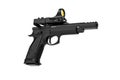Modern sports pistol with a collimator sight. Gun isolate on a white back. Weapons for sports shooting at competitions and Royalty Free Stock Photo