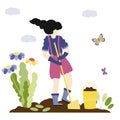 Modern spring, gardening people concept. Stylish girl with fashionable hairstyle digs the ground with a shovel and plants flowers